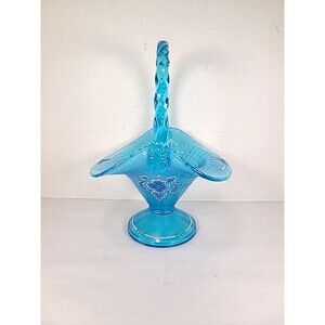 Fenton 90th Anniversary Coralene Celestial Painted Blue Glass Basket Signed